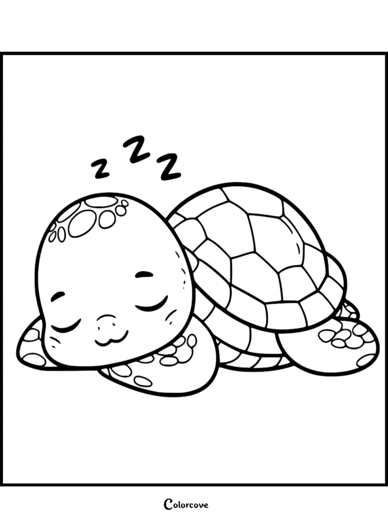 A cute turtle sleeping peacefully with Zzz symbols in this free printable coloring page.