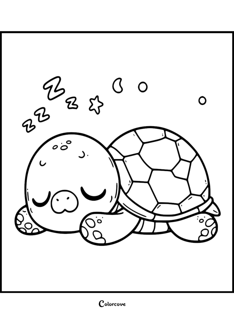 A cute turtle sleeping with Zs and stars above its head in this free printable coloring page.