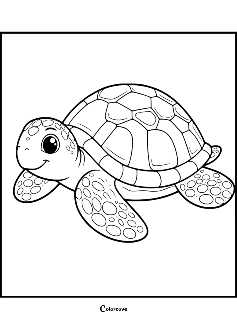 A cute turtle with a patterned shell and spotted flippers in this free printable coloring page.