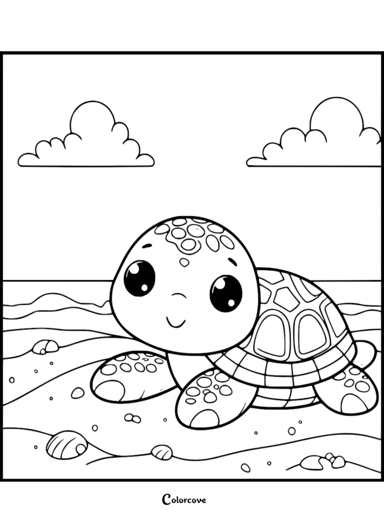 A cute turtle on a sandy beach with clouds in the sky, featured in a free printable coloring page.