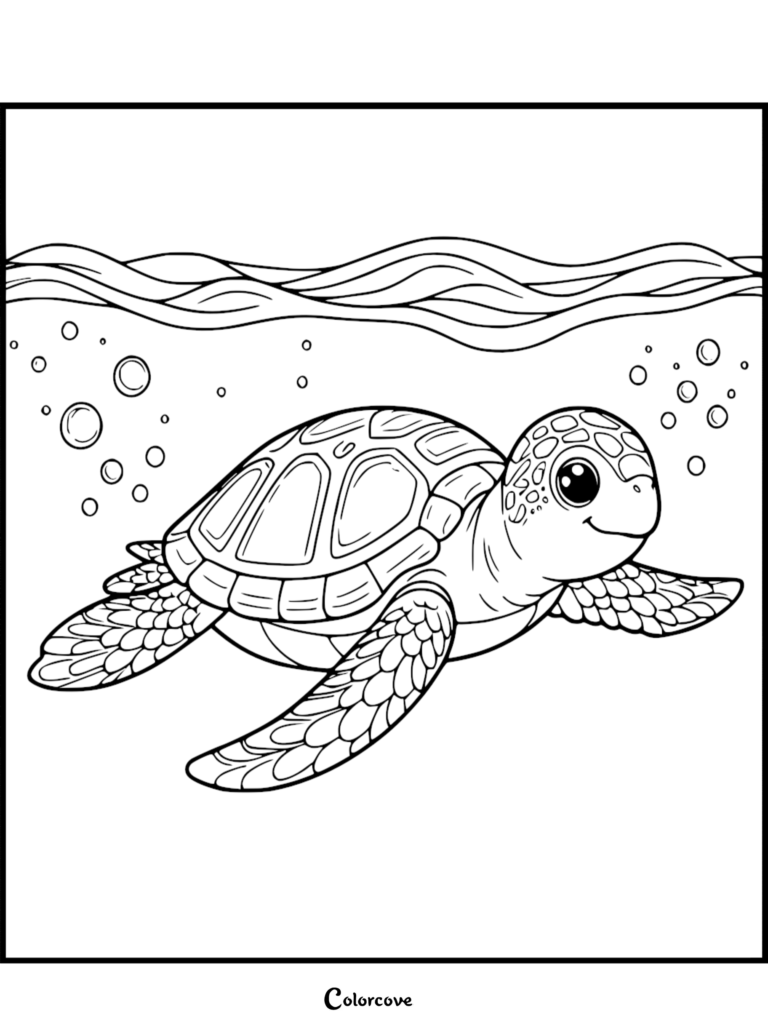 A cute turtle swimming underwater with bubbles in this free printable coloring page.