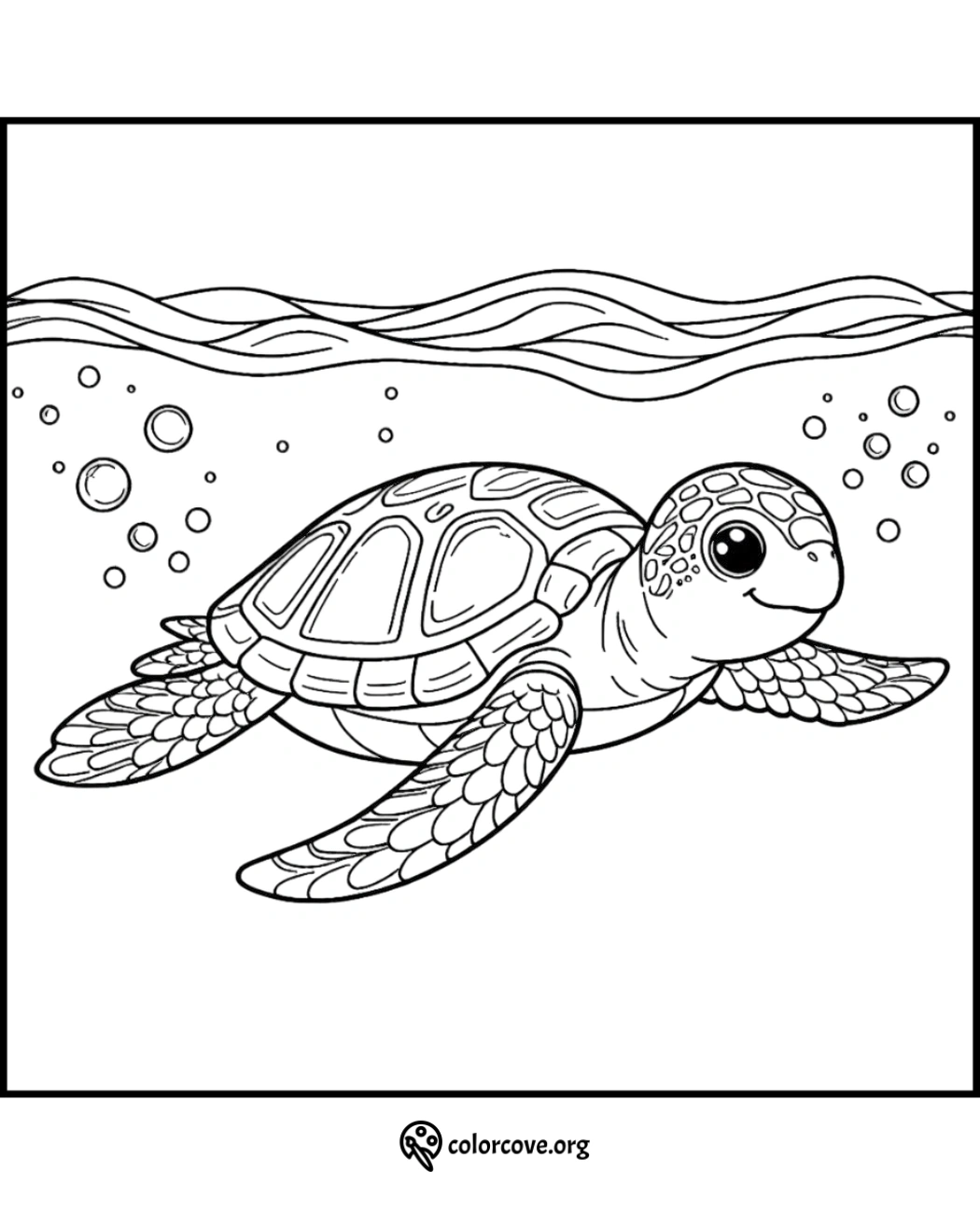 a coloring page of a turtle swimming