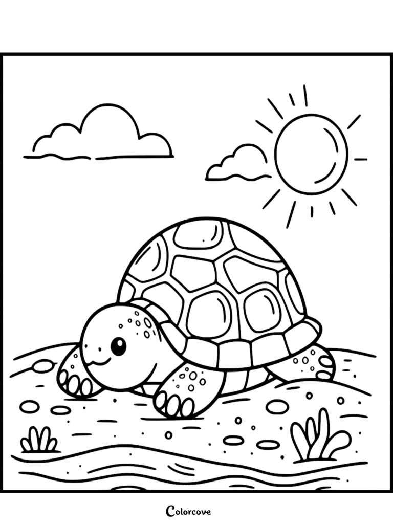 A cute turtle on a sandy beach under a sunny sky in this printable coloring page.