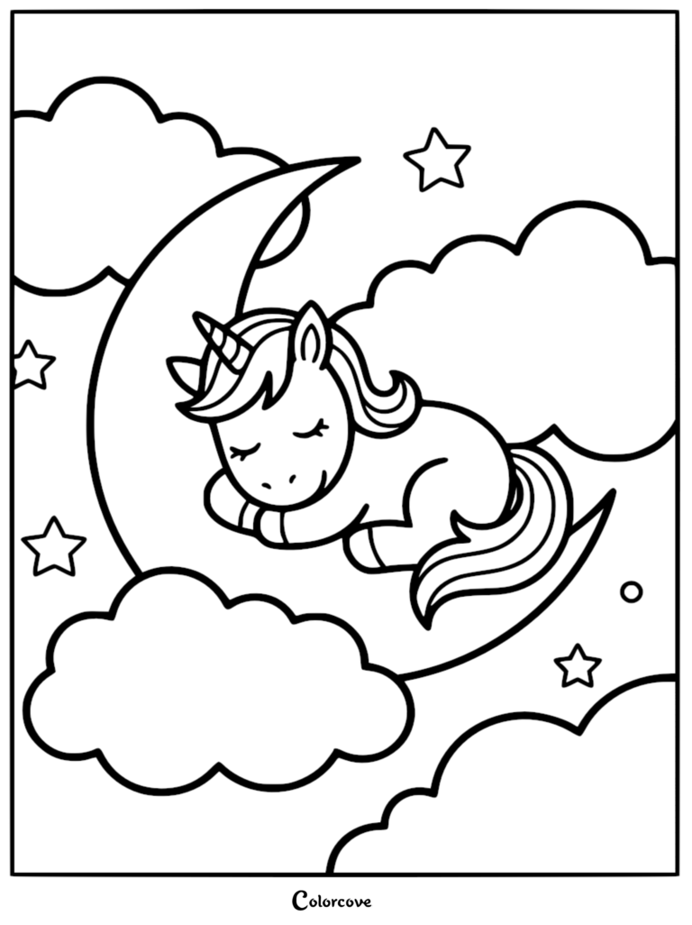 A cute unicorn sleeping on a crescent moon surrounded by clouds and stars in this free printable coloring page.