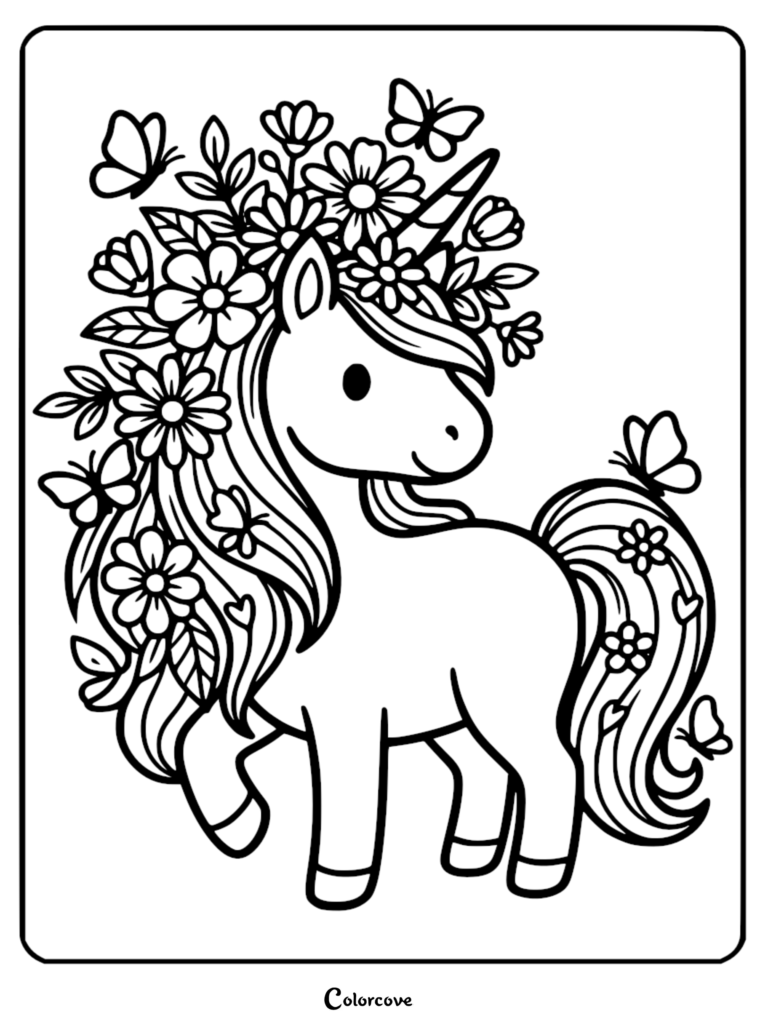 Cute unicorn with a floral mane and butterflies in a free printable coloring page.
