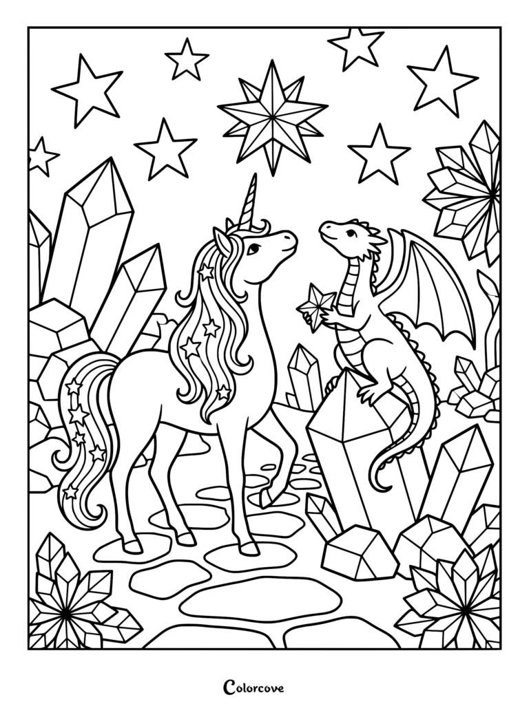 A unicorn and a small dragon holding a star in a crystal cave coloring page.
