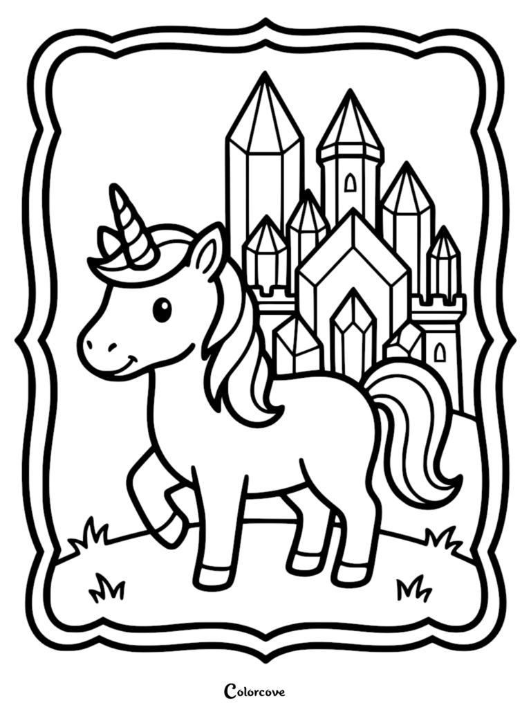 A cute unicorn standing in front of a crystal castle in this free printable coloring page.