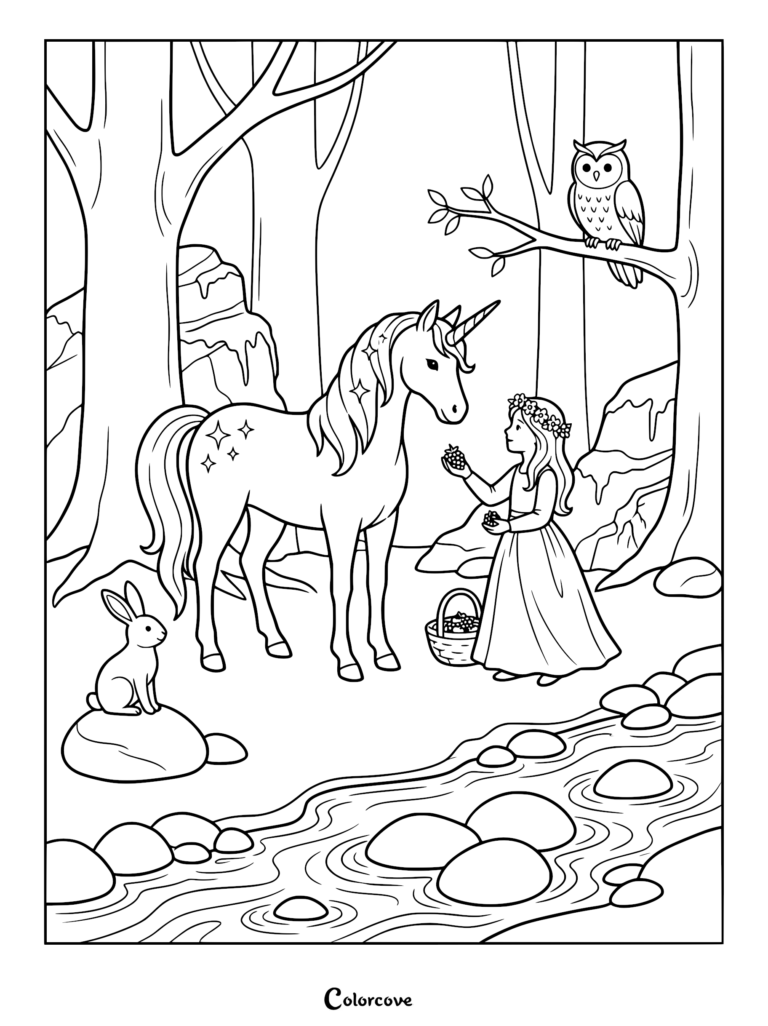 A girl with a flower crown feeding berries to a cute unicorn by a forest stream with a rabbit and owl, printable coloring page.