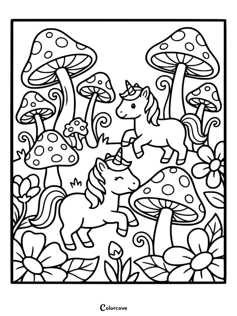 Two cute unicorns playing in a magical forest with large polka-dot mushrooms and flowers in this free printable coloring page.