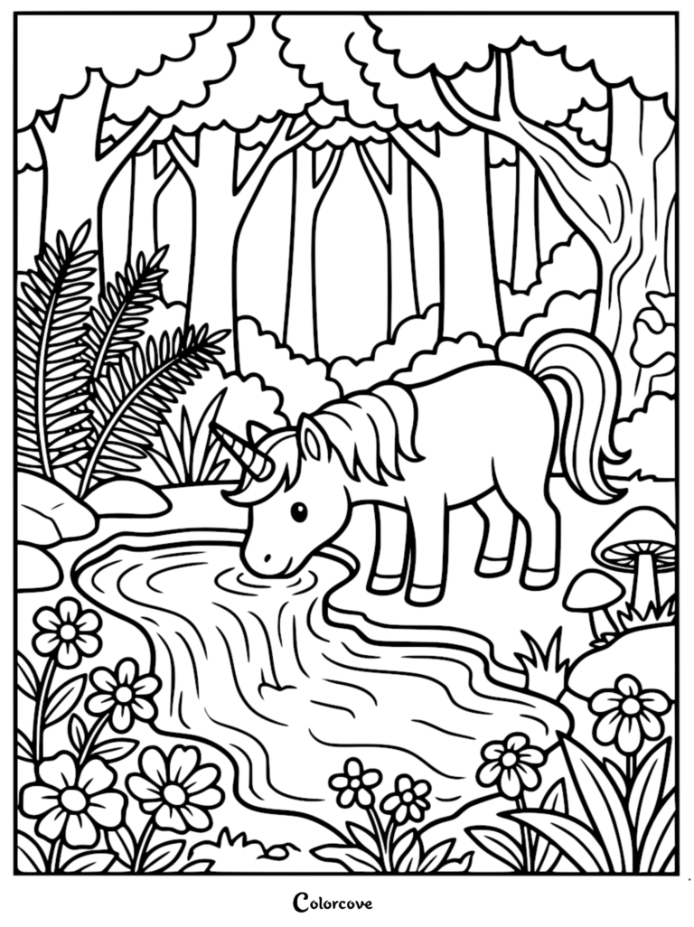 Cute unicorn drinking from a forest stream in this free printable coloring page featuring flowers and mushrooms.