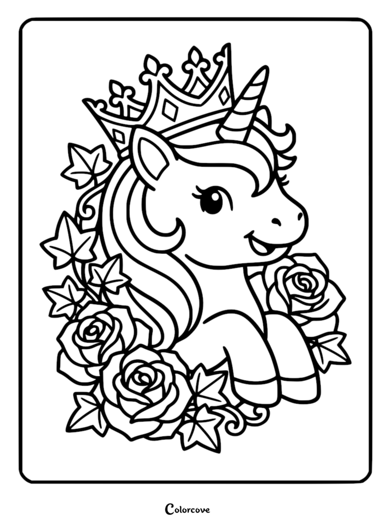 A cute unicorn wearing a royal crown surrounded by roses and ivy leaves in this free printable coloring page.