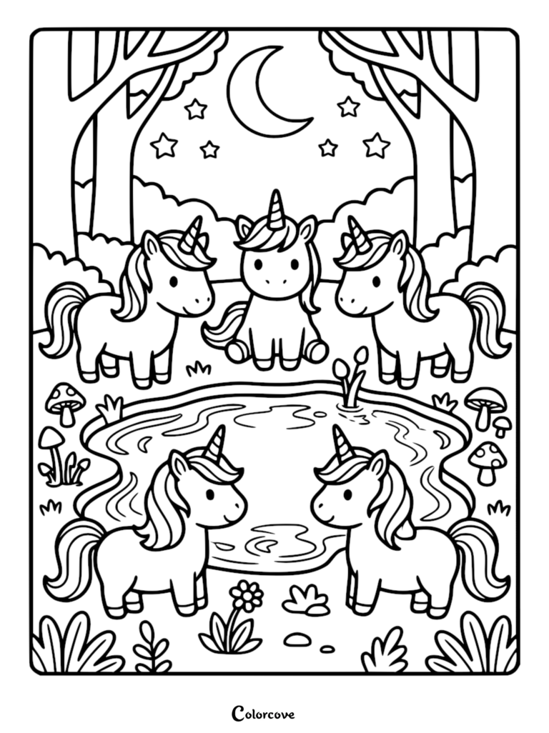 Five cute unicorns gathering around a magical forest pond under a crescent moon and stars in this free printable coloring page.