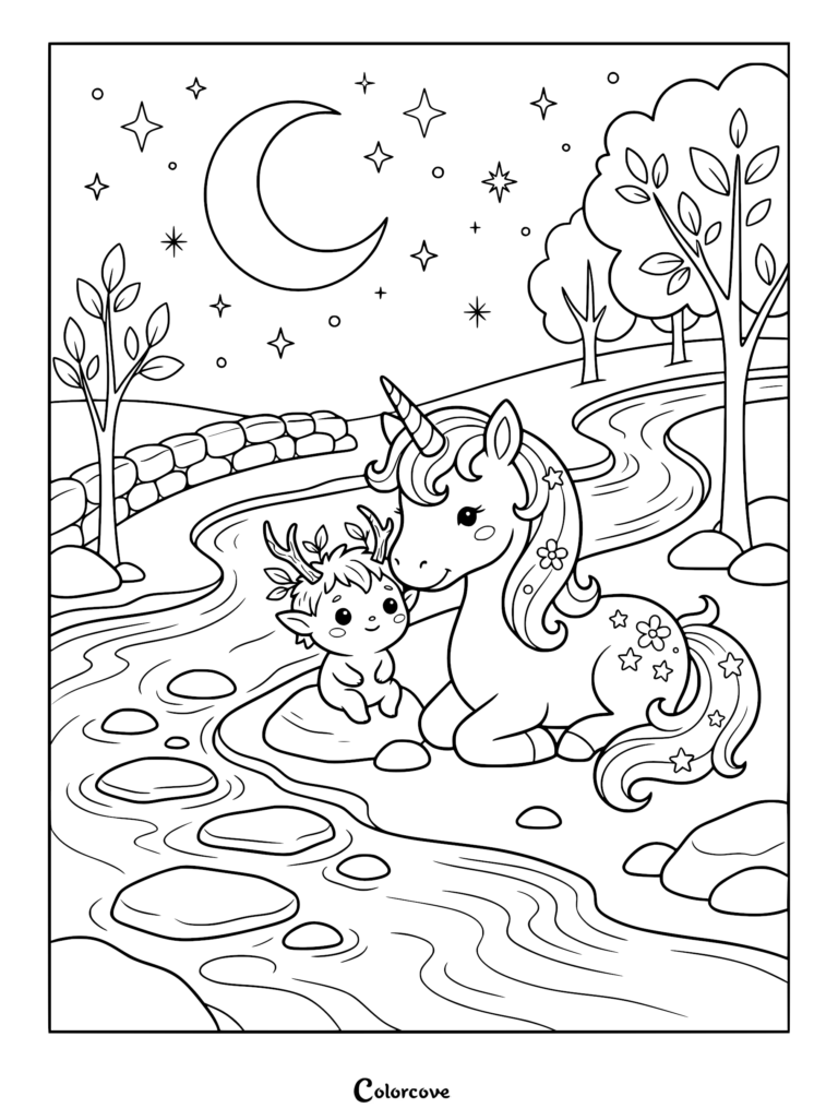 A cute unicorn resting by a river with a small forest sprite, under a crescent moon, printable coloring page.