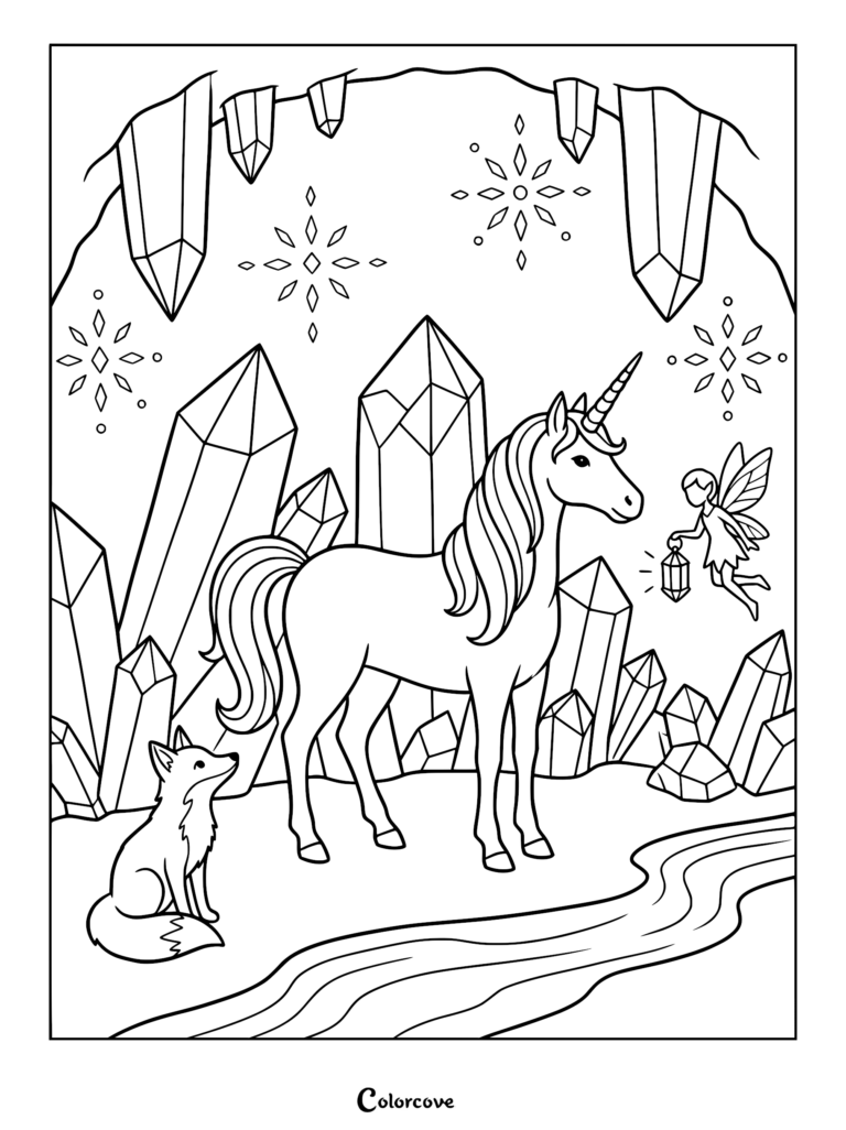 A unicorn, a small fairy holding a lantern, and a fox sitting by a stream in a crystal cave coloring page.