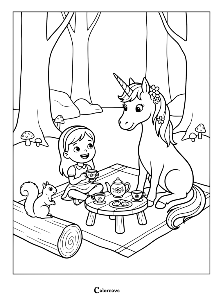 A girl and a unicorn having a tea party in the forest with a squirrel on a log, printable coloring page.