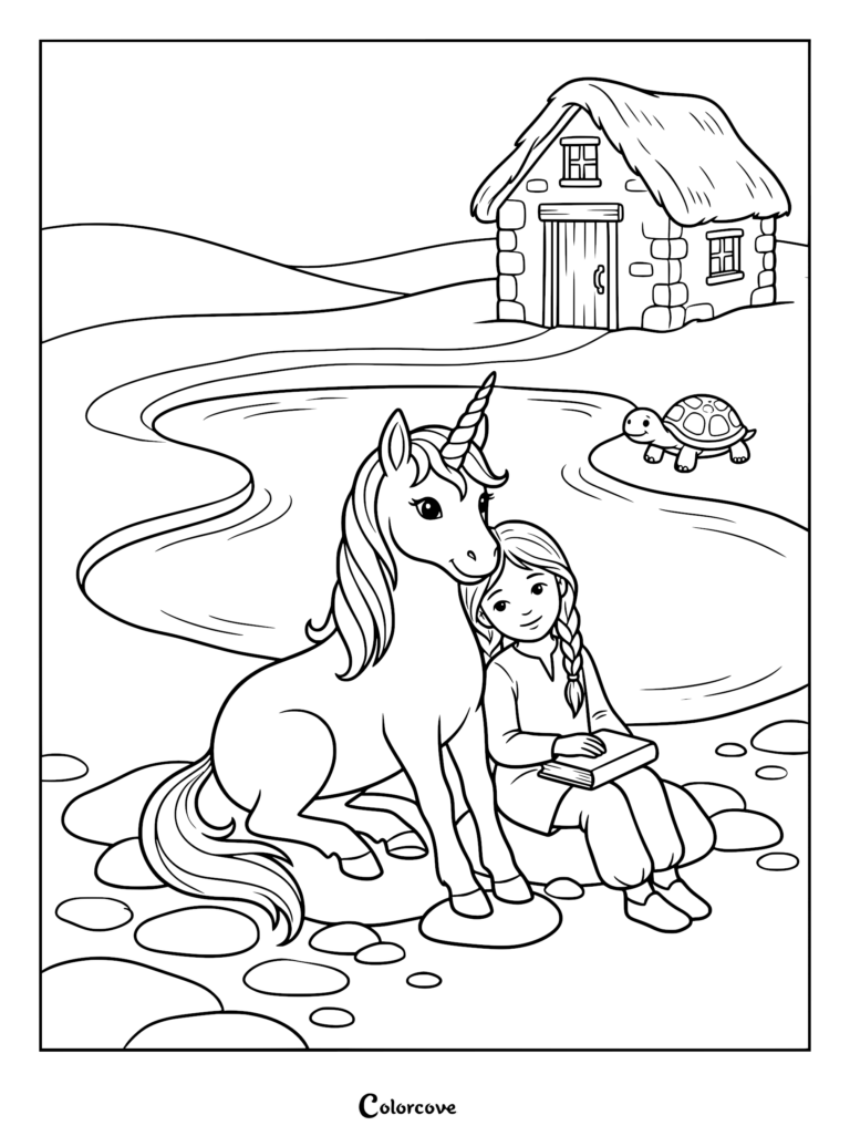 A girl with a braided hairstyle reading a book while leaning against a cute unicorn by a pond with a turtle and cottage in this coloring page.