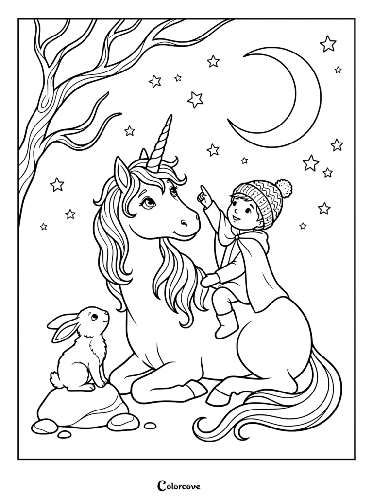 A child in a winter hat and cape riding a unicorn while pointing at stars, with a rabbit sitting on a rock nearby, in this night sky coloring page.