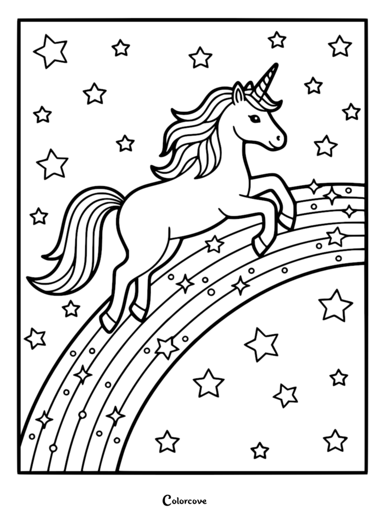 A cute unicorn jumping over a rainbow surrounded by stars in this free printable coloring page.