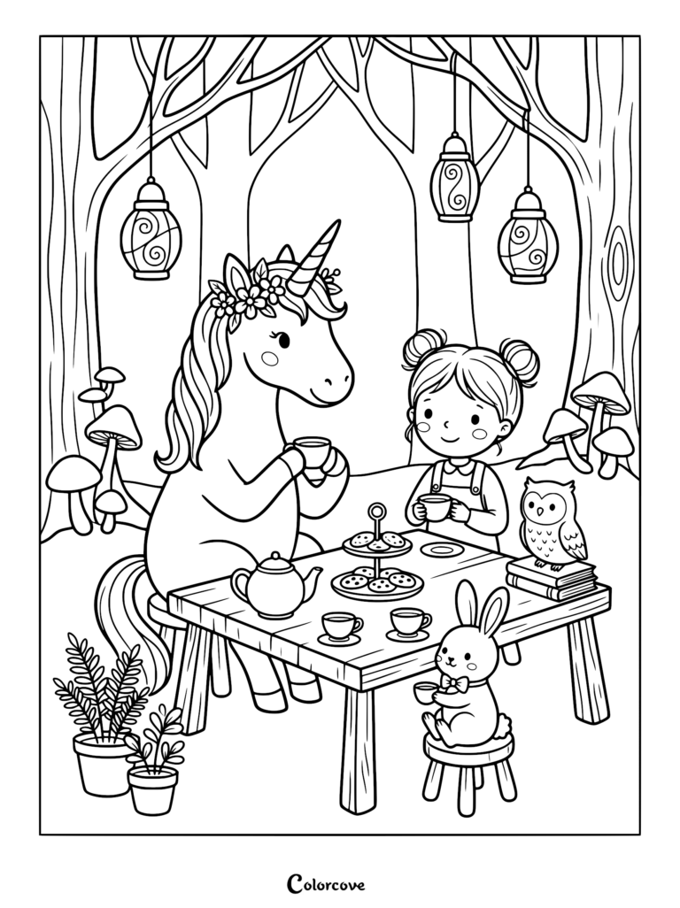 A cute unicorn, girl, rabbit, and owl having a tea party in a forest, coloring page.