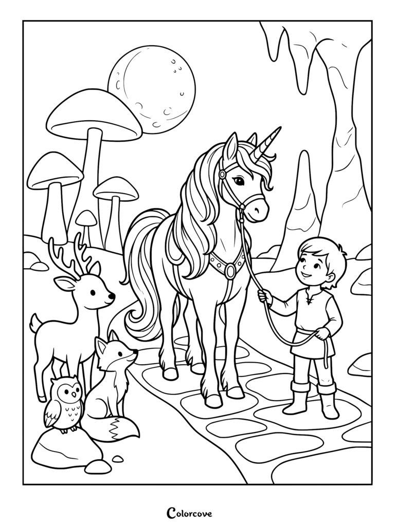A young boy leading a harnessed unicorn along a stone path with a deer, fox, and owl in a magical mushroom forest, printable coloring page.