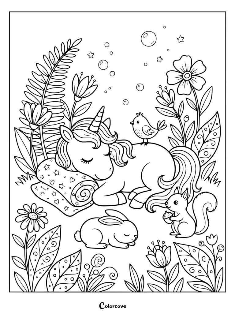 Cute unicorn sleeping on a star-patterned pillow with a bird, rabbit, and squirrel in a floral garden coloring page.