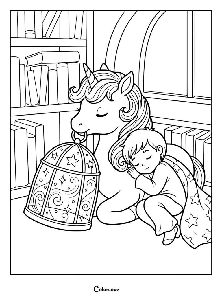 A cute unicorn holding a star-patterned birdcage while a boy sleeps against its side in this printable coloring page.