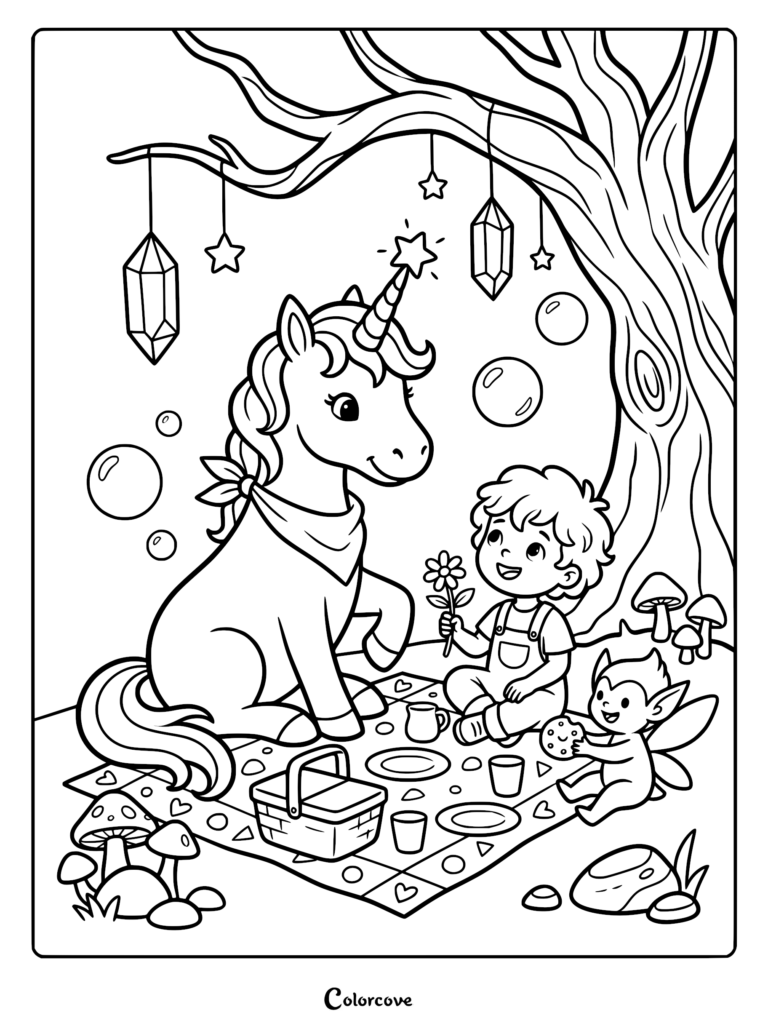 A cute unicorn, a young boy, and a small fairy having a picnic under a tree in this printable coloring page.