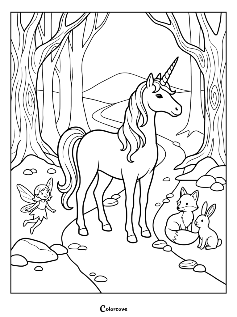 A unicorn standing on a forest path with a small fairy, a fox, and a rabbit in this printable coloring page.