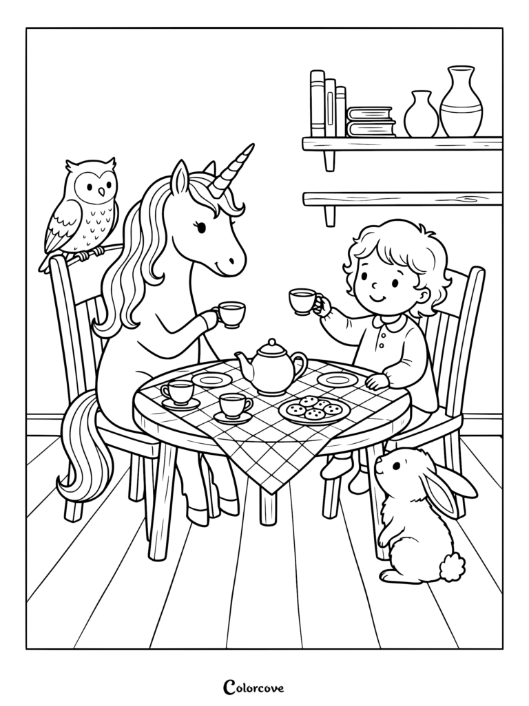 A cute unicorn, a young child, an owl, and a bunny having a tea party at a table in this printable coloring page.