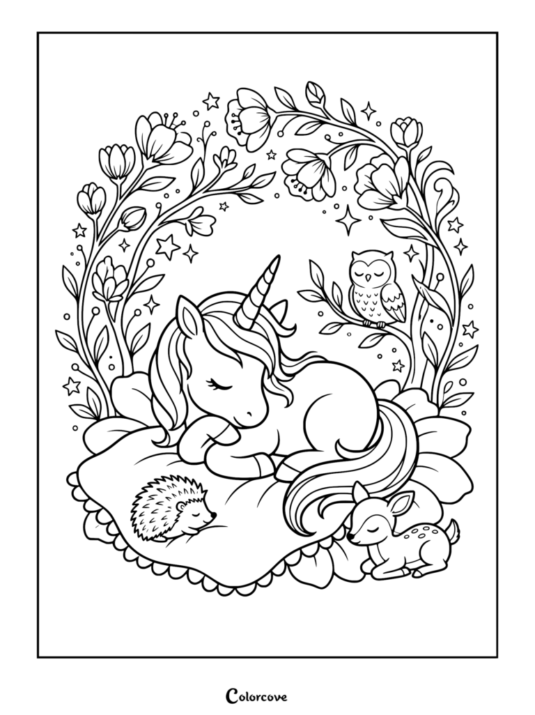 Cute unicorn sleeping on a pillow with a hedgehog, fawn, and owl in a floral wreath coloring page.