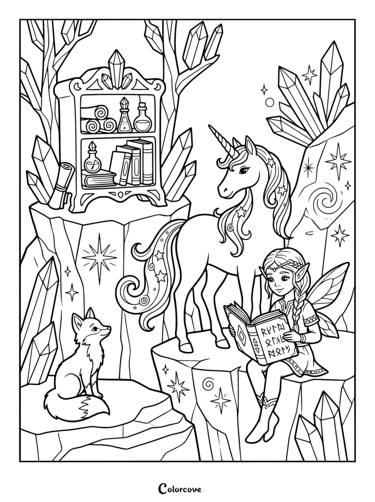 A cute unicorn and fairy reading a book in a crystal cave with a fox, printable coloring page.