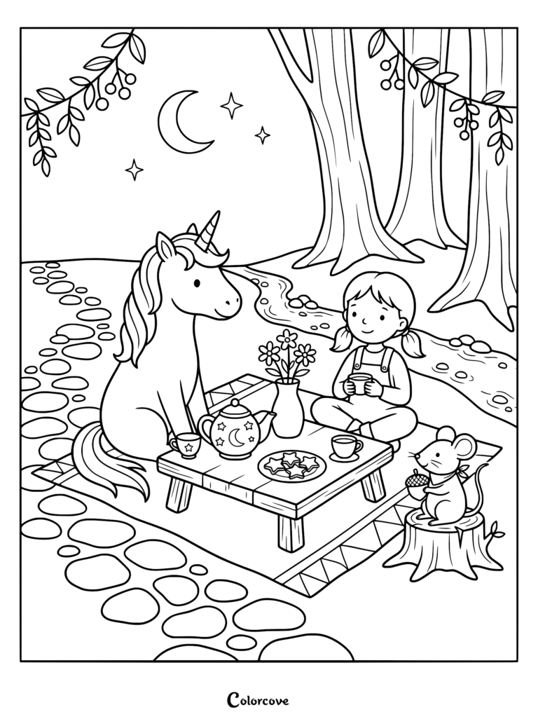 A cute unicorn, a young girl, and a small mouse having a tea party in the forest at night, coloring page.