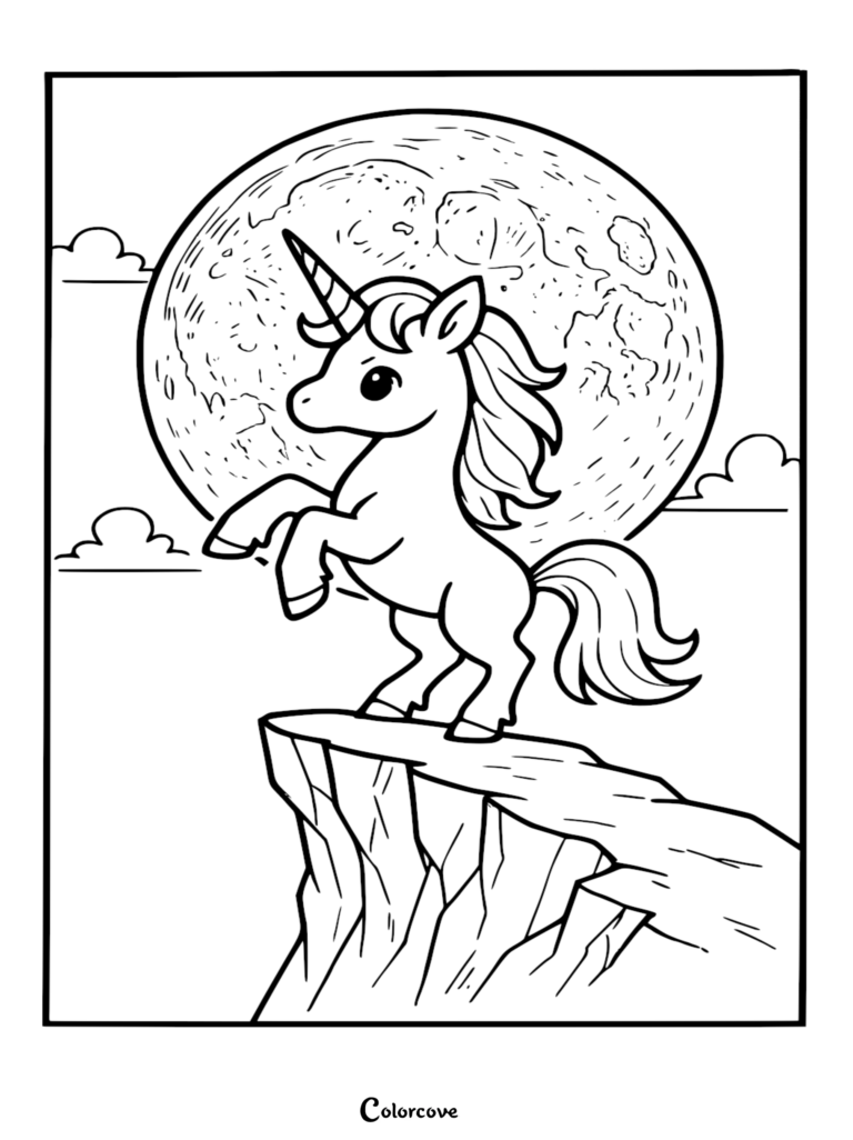 A cute unicorn standing on a cliff edge in front of a large full moon, printable coloring page.