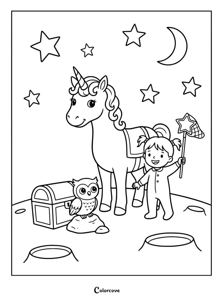 A girl in pajamas holding a star net with a unicorn and owl near a treasure chest on the moon surface coloring page.