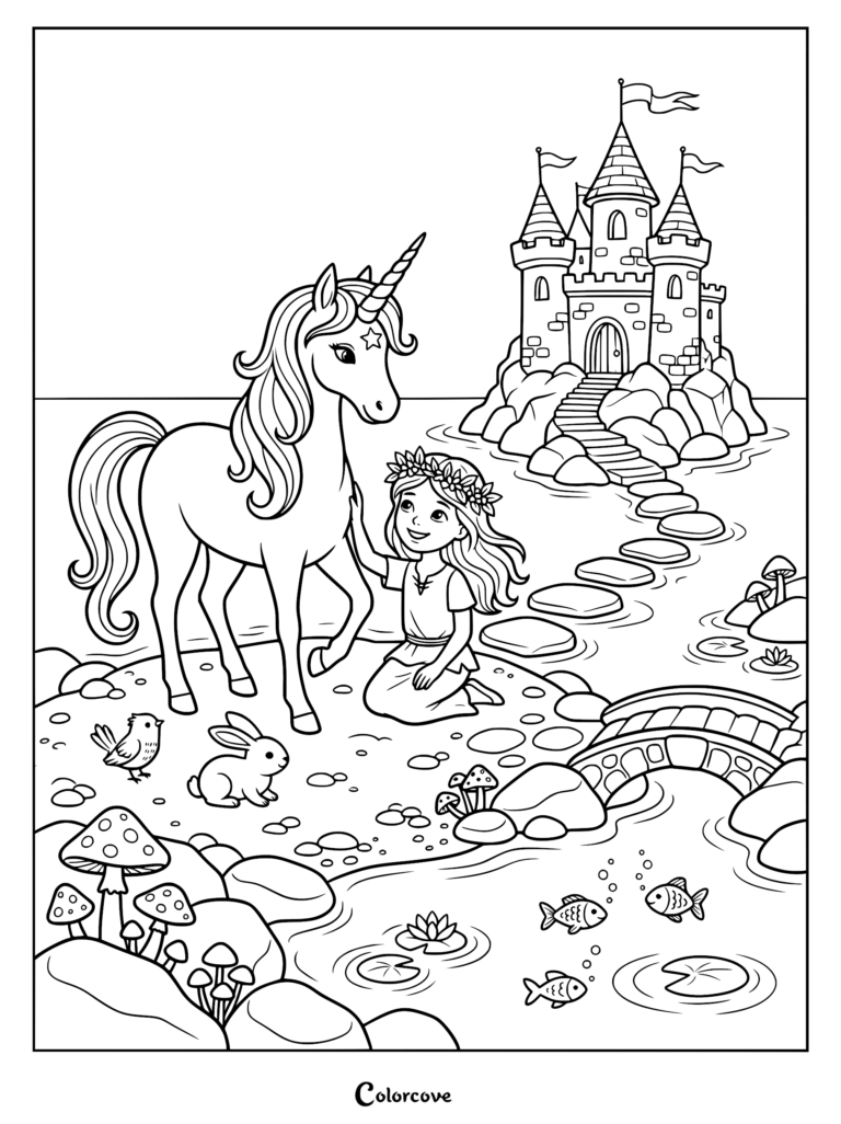 A girl with a flower crown petting a unicorn near a stone castle, featuring a rabbit, bird, and pond with fish in this printable coloring page.