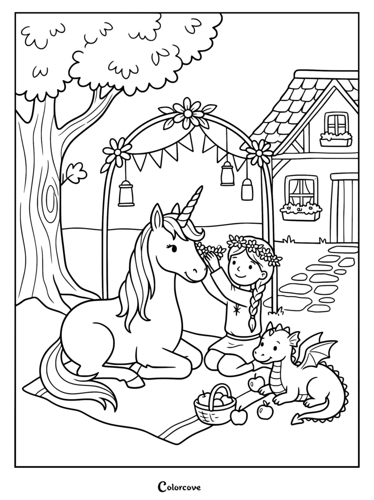 A girl with a flower crown placing a wreath on a cute unicorn sitting on a picnic blanket with a small dragon and apple basket, coloring page.