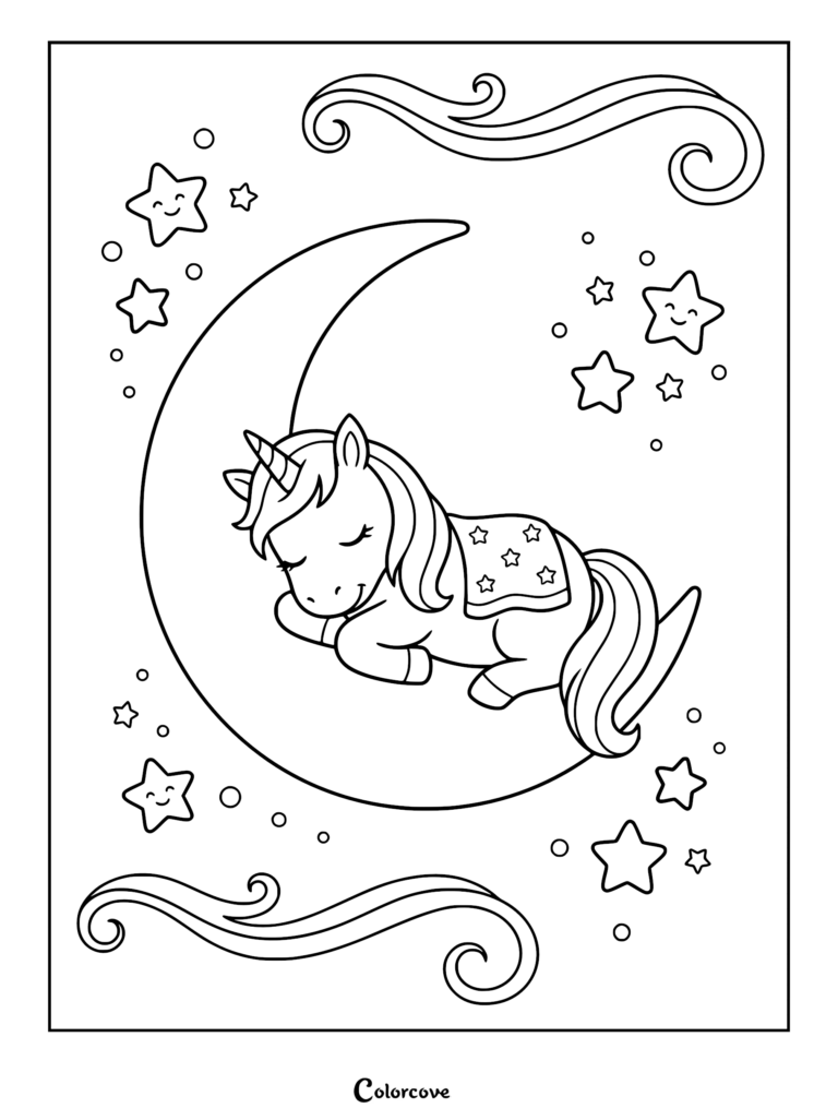 Cute unicorn wearing a star-patterned blanket sleeping on a crescent moon coloring page surrounded by smiling stars and swirling clouds.