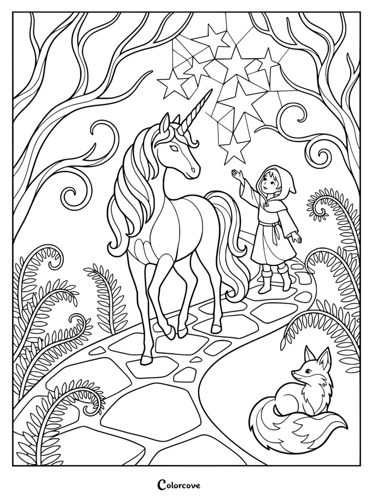 A coloring page featuring a majestic unicorn and a hooded child reaching toward floating stars on a stone path with a fox nearby.