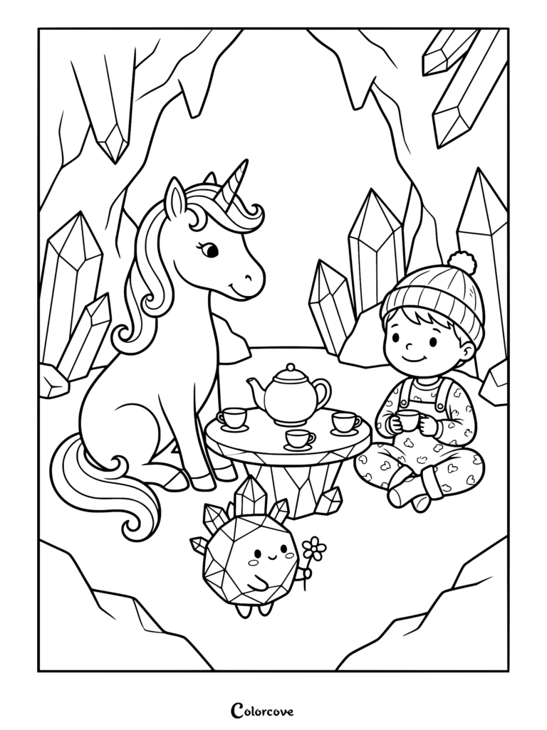 A cute unicorn and a child in a beanie having a tea party with a small crystal creature in a crystal cave, coloring page.
