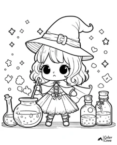 Cute witch coloring page with potion bottles and stars, perfect for kids' Halloween activities and creative fun.