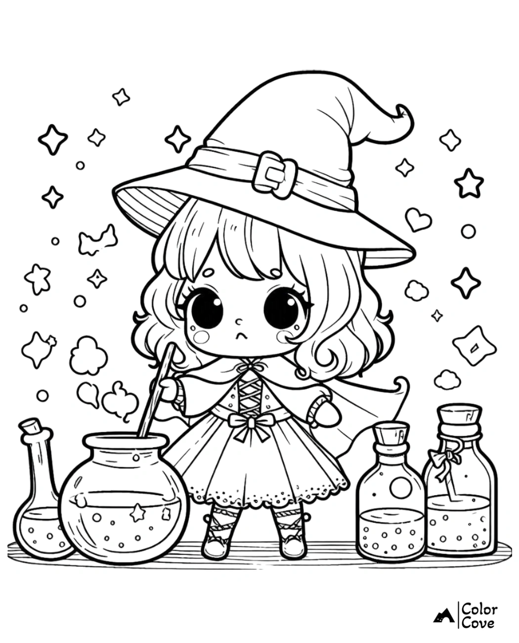 Cute witch coloring page with potion bottles and stars, perfect for kids' Halloween activities and creative fun.