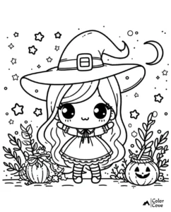 Cute witch in a Halloween coloring page with pumpkins, crescent moons, and stars, perfect for kids' creative fun.