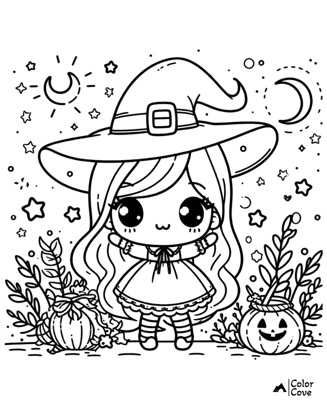 Cute witch in a Halloween coloring page with pumpkins, crescent moons, and stars, perfect for kids' creative fun.