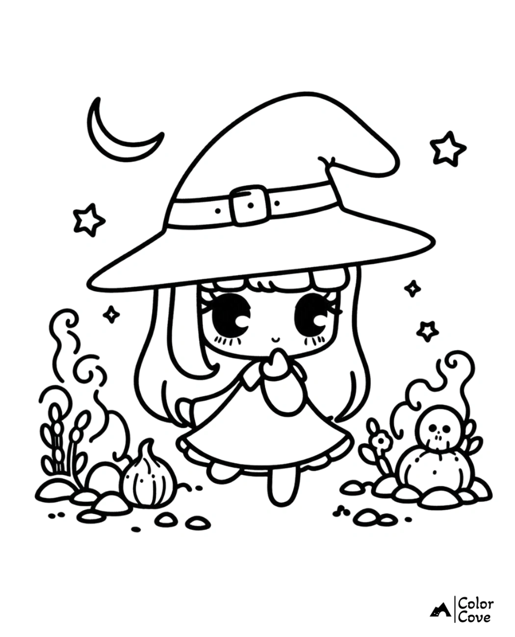 Cute Halloween coloring page with a chibi witch in a hat surrounded by stars, a pumpkin, and magical elements.