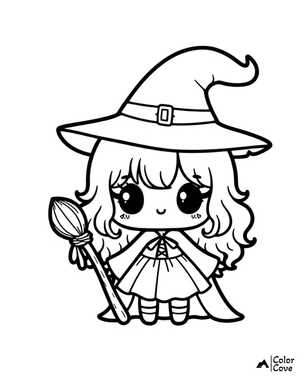 Kawaii witch coloring page with a cute witch in a hat and cape holding a broomstick from Color Cove. Printable and free to color.