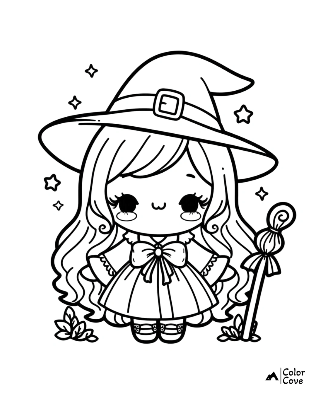 Cute witch coloring page for kids featuring an adorable witch with a hat, wand, and stars. Perfect for Halloween fun!