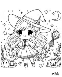 Cute witch coloring page for kids featuring a chibi witch with a hat, broomstick, and pumpkins, perfect for Halloween fun!