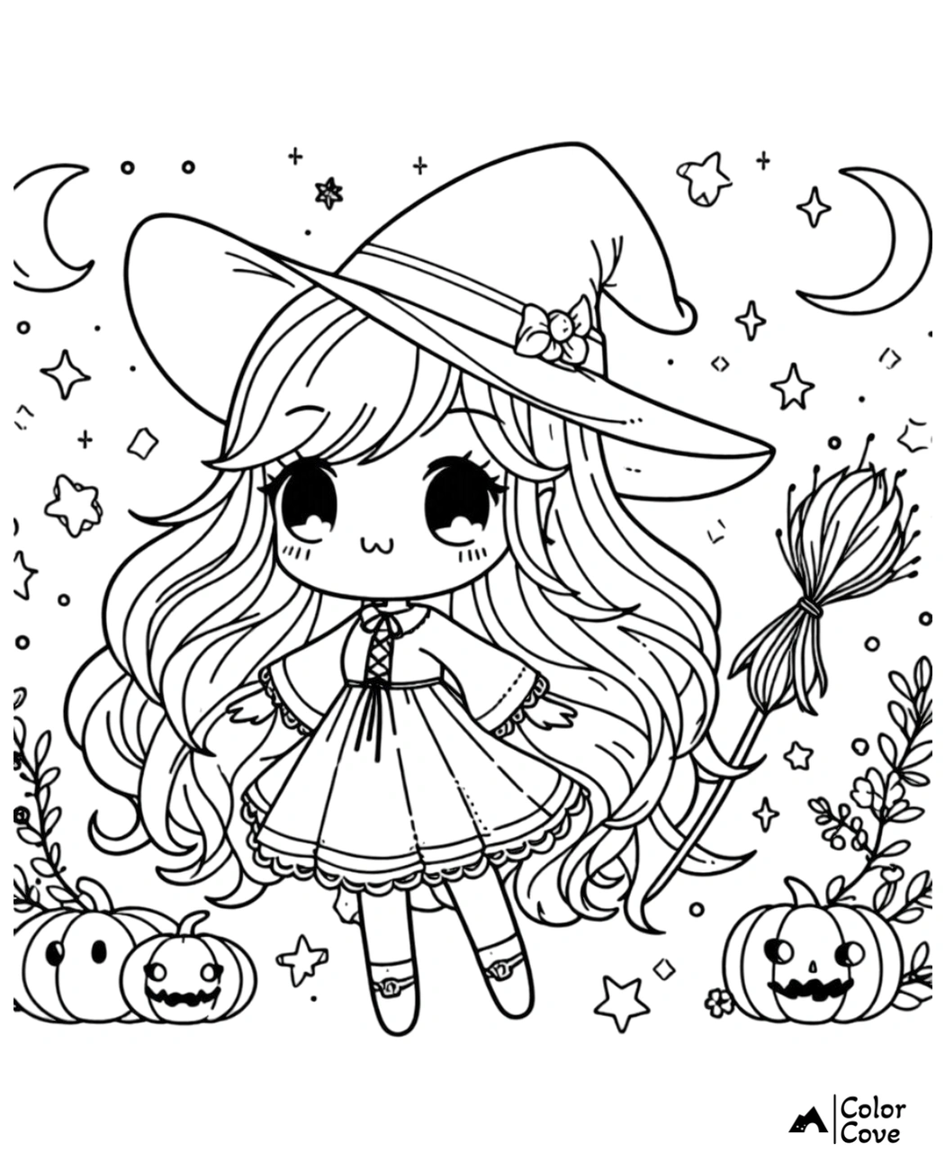 Cute witch coloring page for kids featuring a chibi witch with a hat, broomstick, and pumpkins, perfect for Halloween fun!