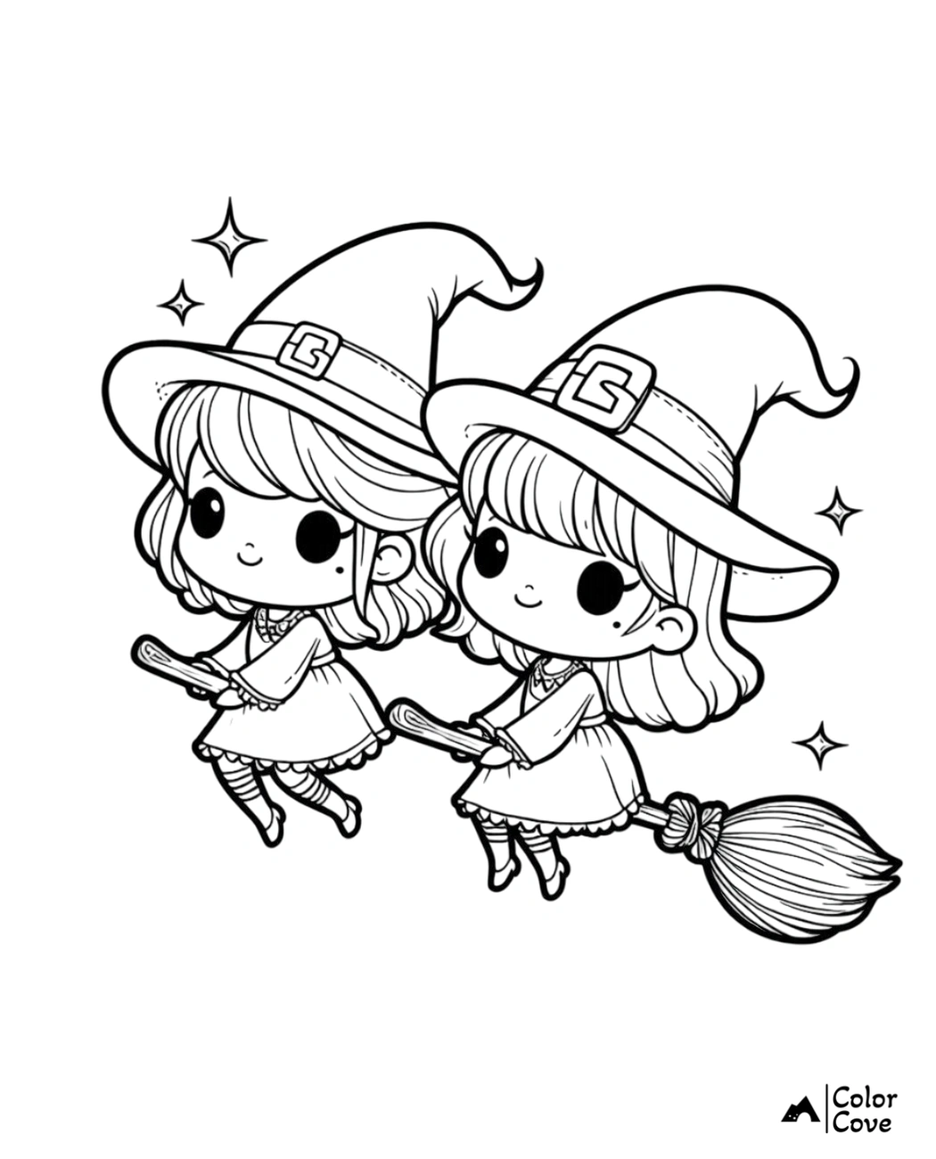 Cute witch twins flying on broomsticks coloring page. Adorable Halloween illustration for kids to color.