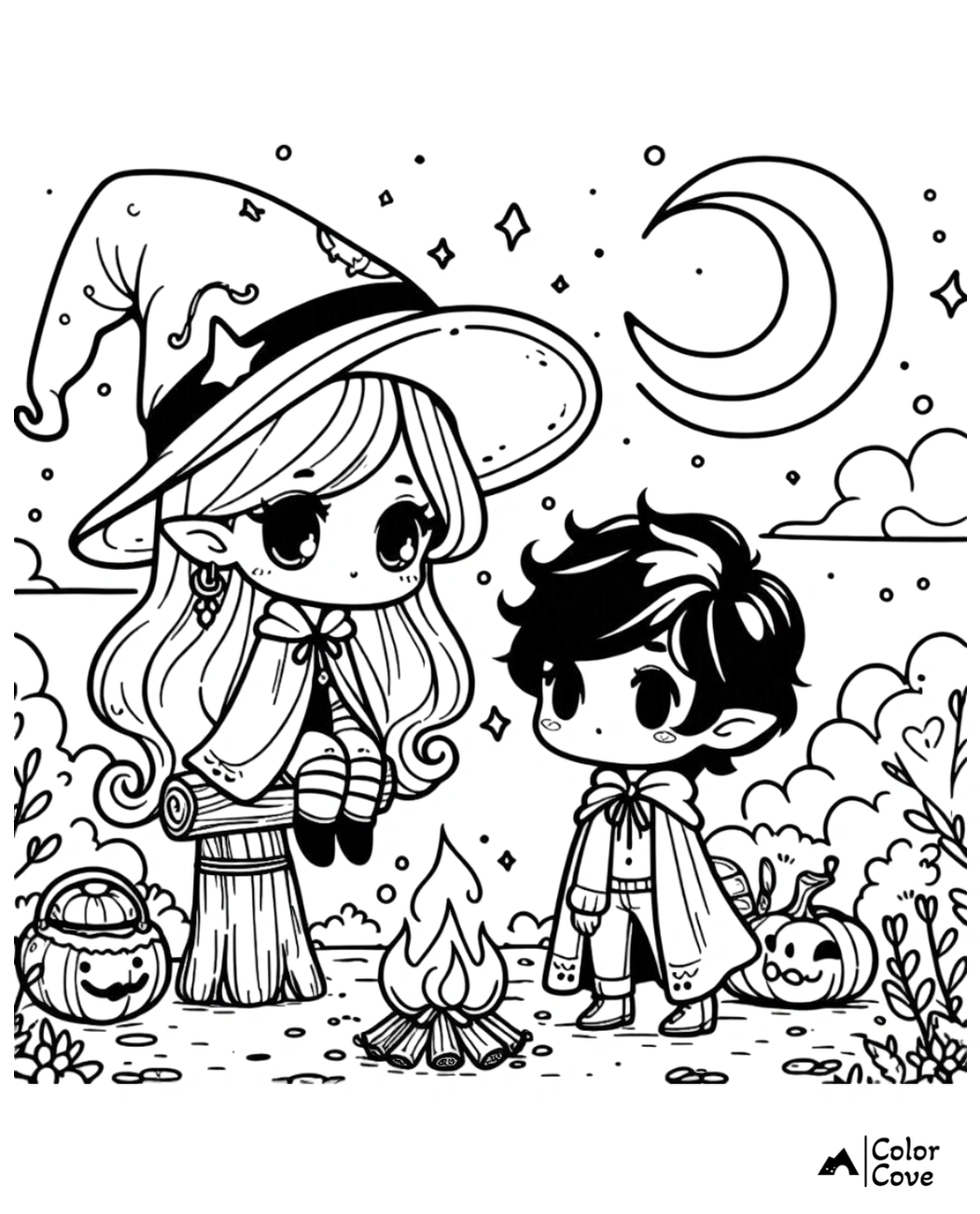 Cute Halloween-themed coloring page featuring a witch and a wizard by a campfire, with pumpkins and a crescent moon.